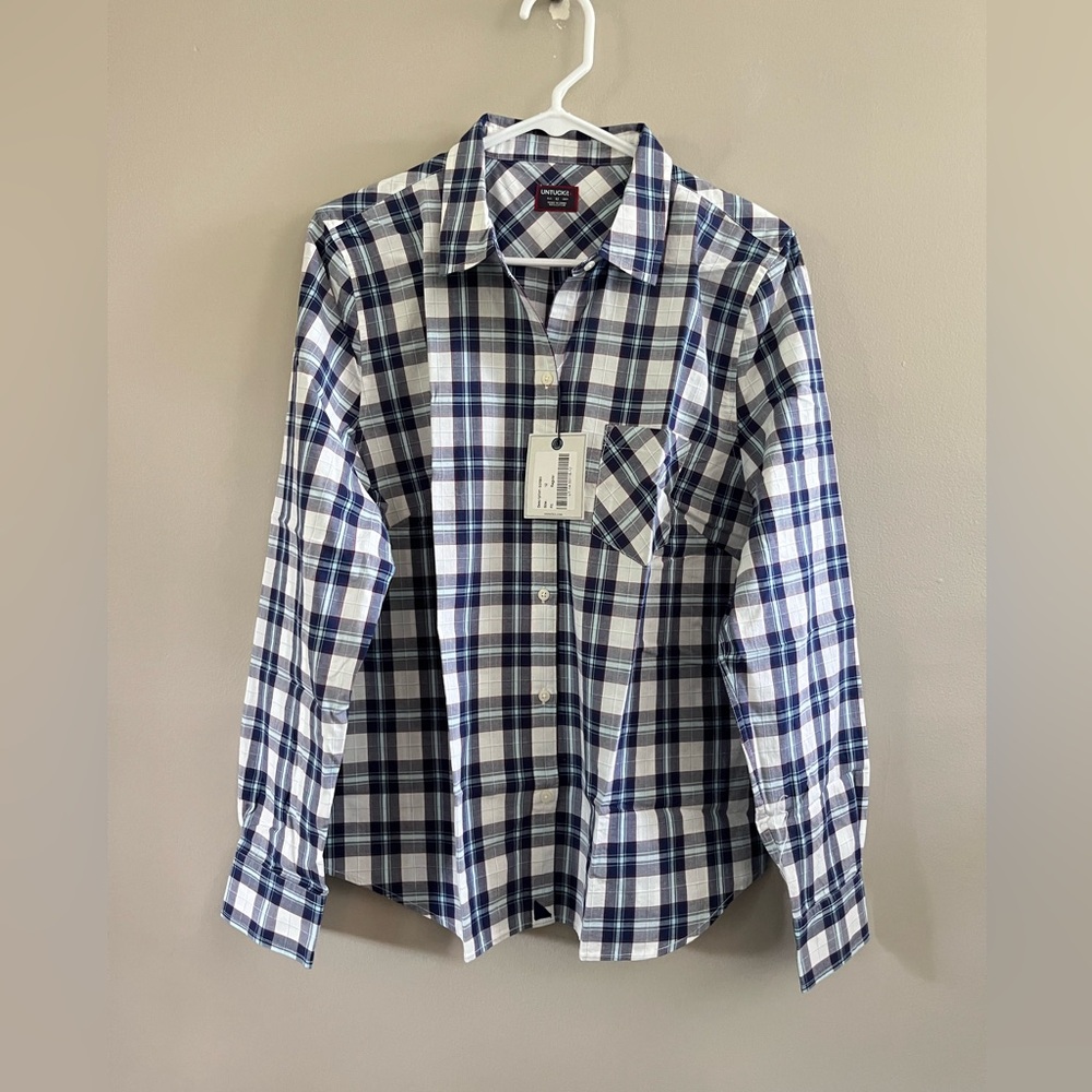 Untuckit SORBO Woman's 12 Button‎ Up Plaid Shirt Blue White NWT